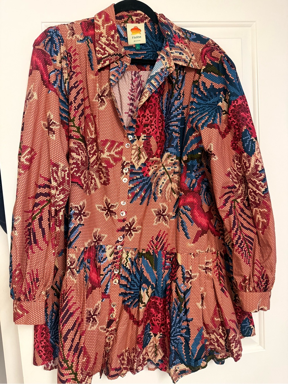 FARM Rio Beaded Forest Long Sleeve Cotton Minidress in Pink - Picture 5 of 9